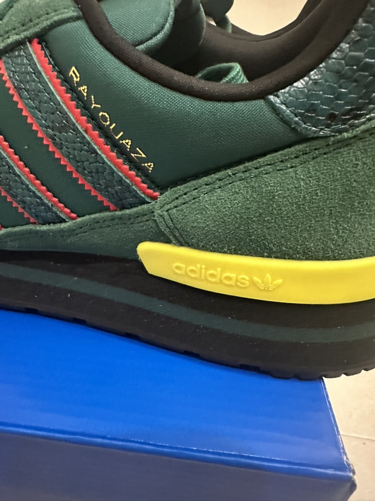 Close-up of Rayquaza adidas sneaker details